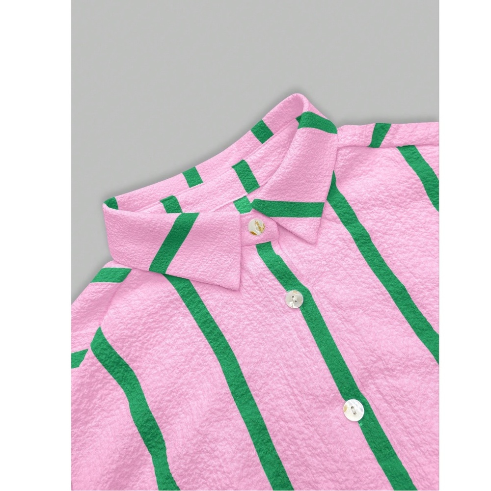 Pink with Green Stripes Oversized Button Down Shirt Long Sleeve - Picture 6 of 8